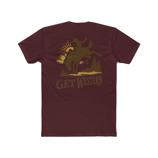 Maroon t-shirt with a graphic of a cowboy on a horse and 'Get Western' text #maroon