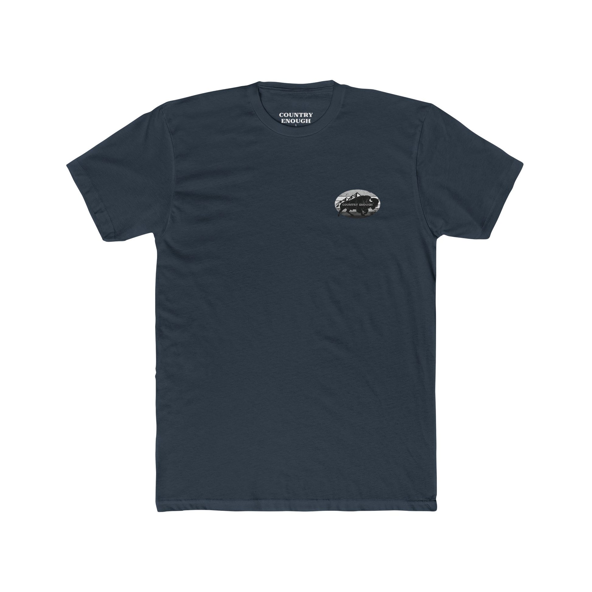 Indigo t-shirt with a black and gray graphic of a bison and mountains #indigo