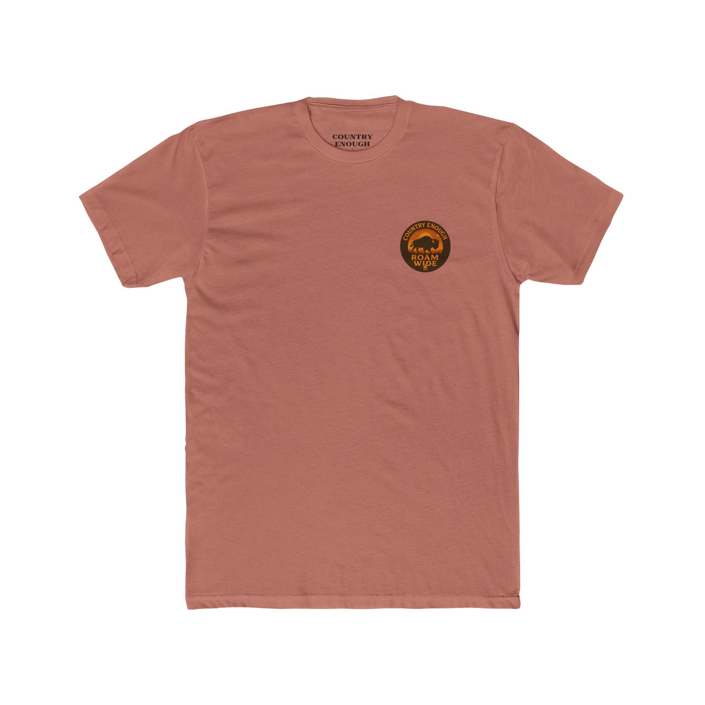 Desert Pink t-shirt with circular graphic with a bison, mountains, campfire, sun shining, and the words roam wide #desertpink