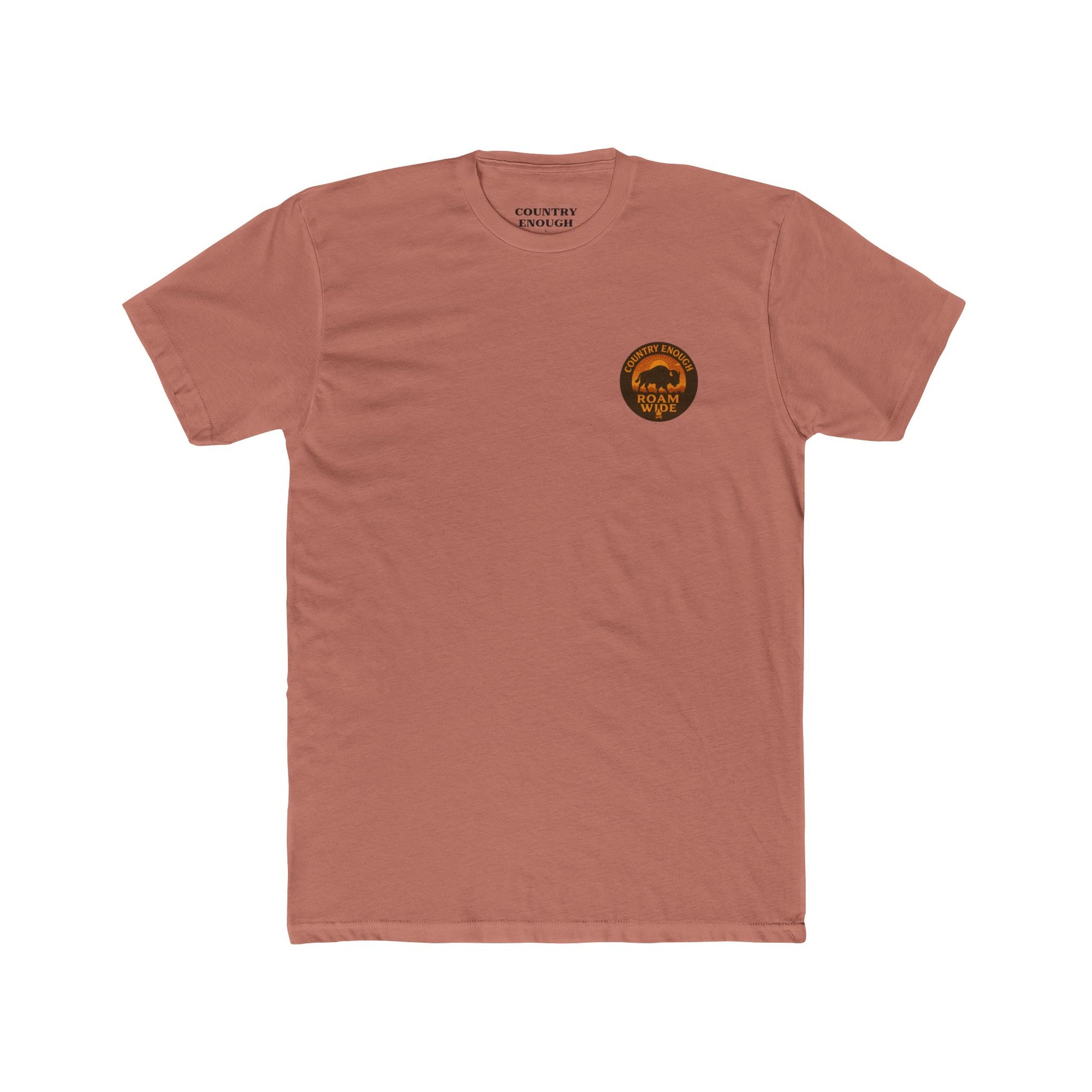 Desert Pink t-shirt with circular graphic with a bison, mountains, campfire, sun shining, and the words roam wide #desertpink