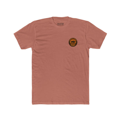 Desert Pink t-shirt with circular graphic with a bison, mountains, campfire, sun shining, and the words roam wide #desertpink