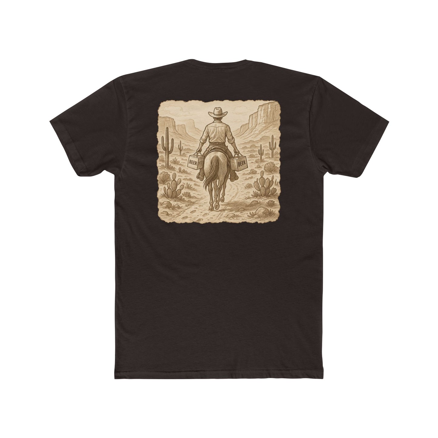 Dark Brown t-shirt with graphic of cowboy riding a horse through the desert holding two twelve packs of beer #darkbrown