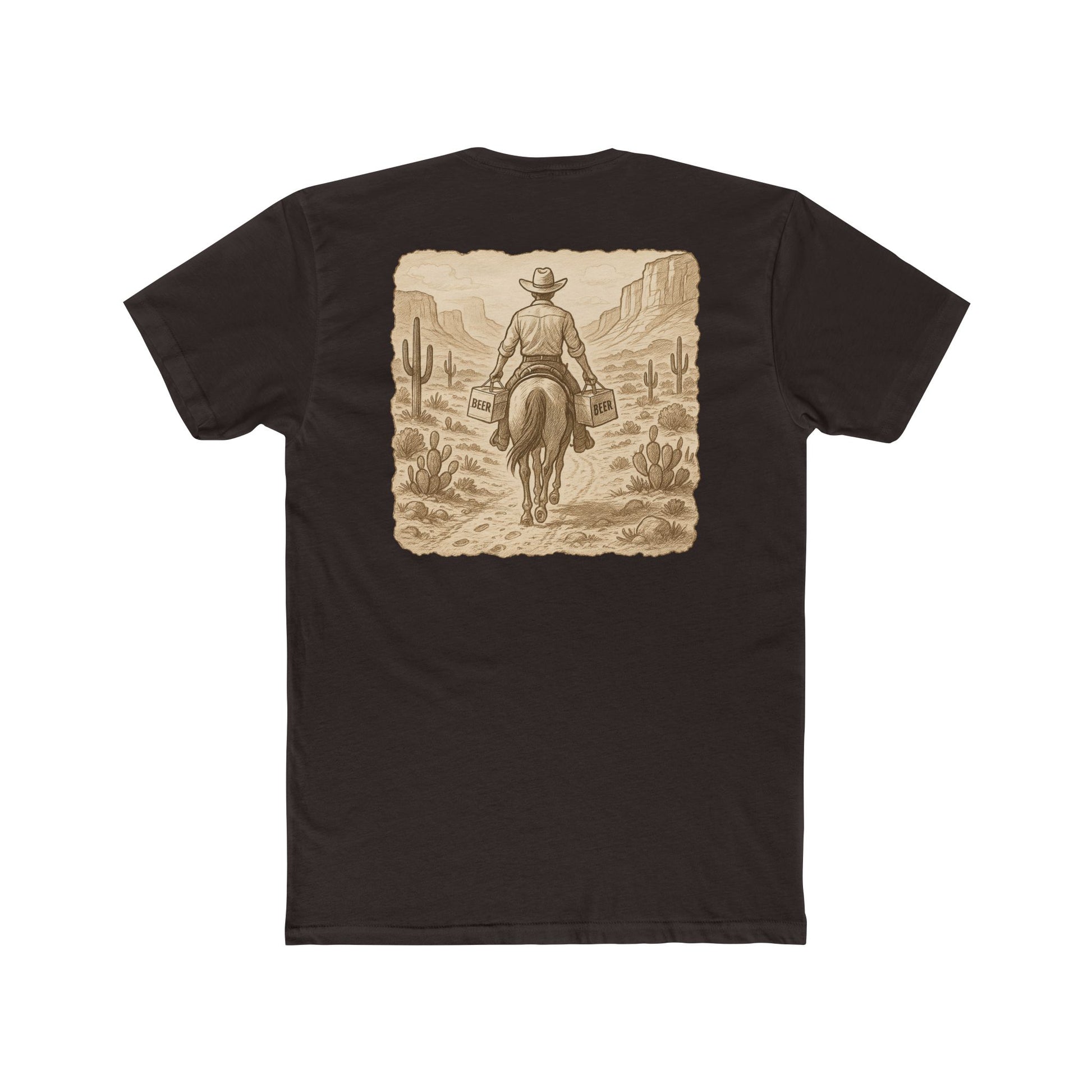 Dark Brown t-shirt with graphic of cowboy riding a horse through the desert holding two twelve packs of beer #darkbrown