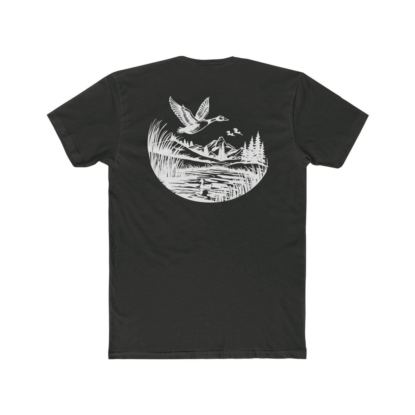 Vintage Black t-shirt with graphic of a duck, mountains, pine trees, and a lake #vintageblack