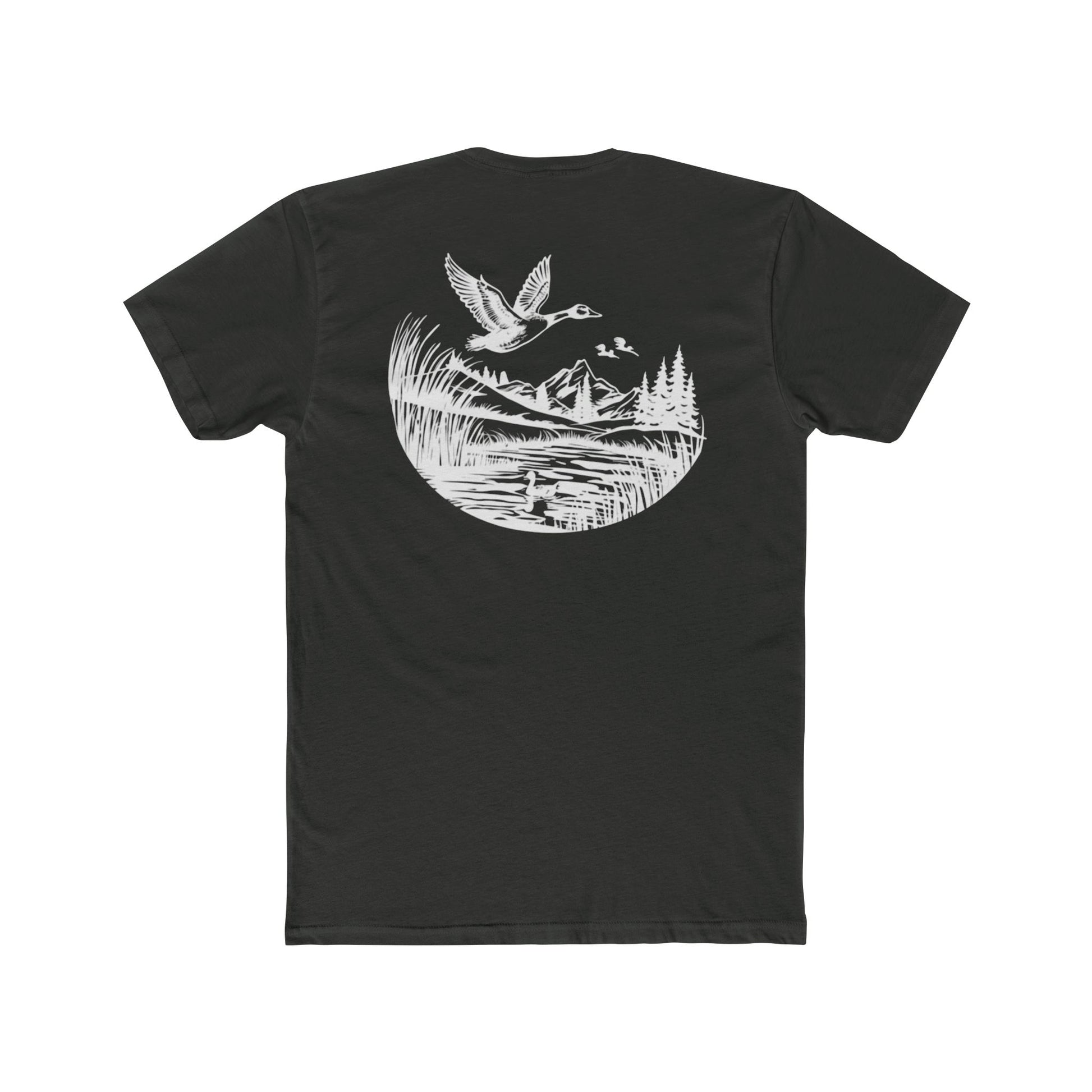 Vintage Black t-shirt with graphic of a duck, mountains, pine trees, and a lake #vintageblack