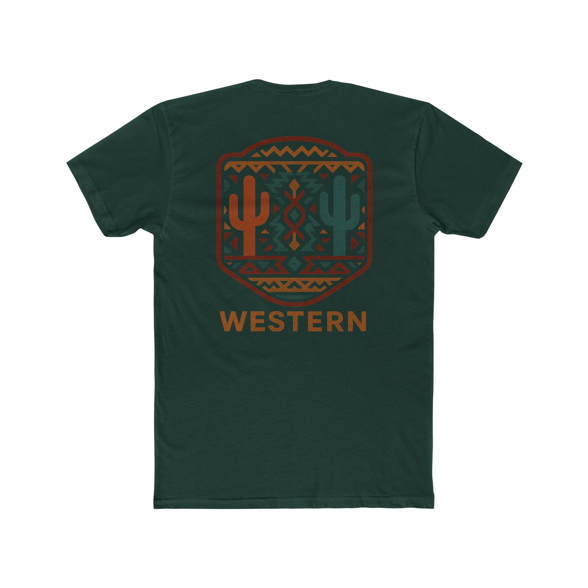 Forest Green t-shirt with graphic of mirrored cacti surrounded by aztec pattern and enclosed in a geometric border with word western below #forestgreen