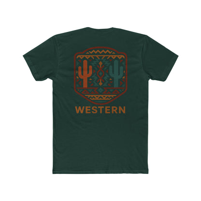 Forest Green t-shirt with graphic of mirrored cacti surrounded by aztec pattern and enclosed in a geometric border with word western below #forestgreen