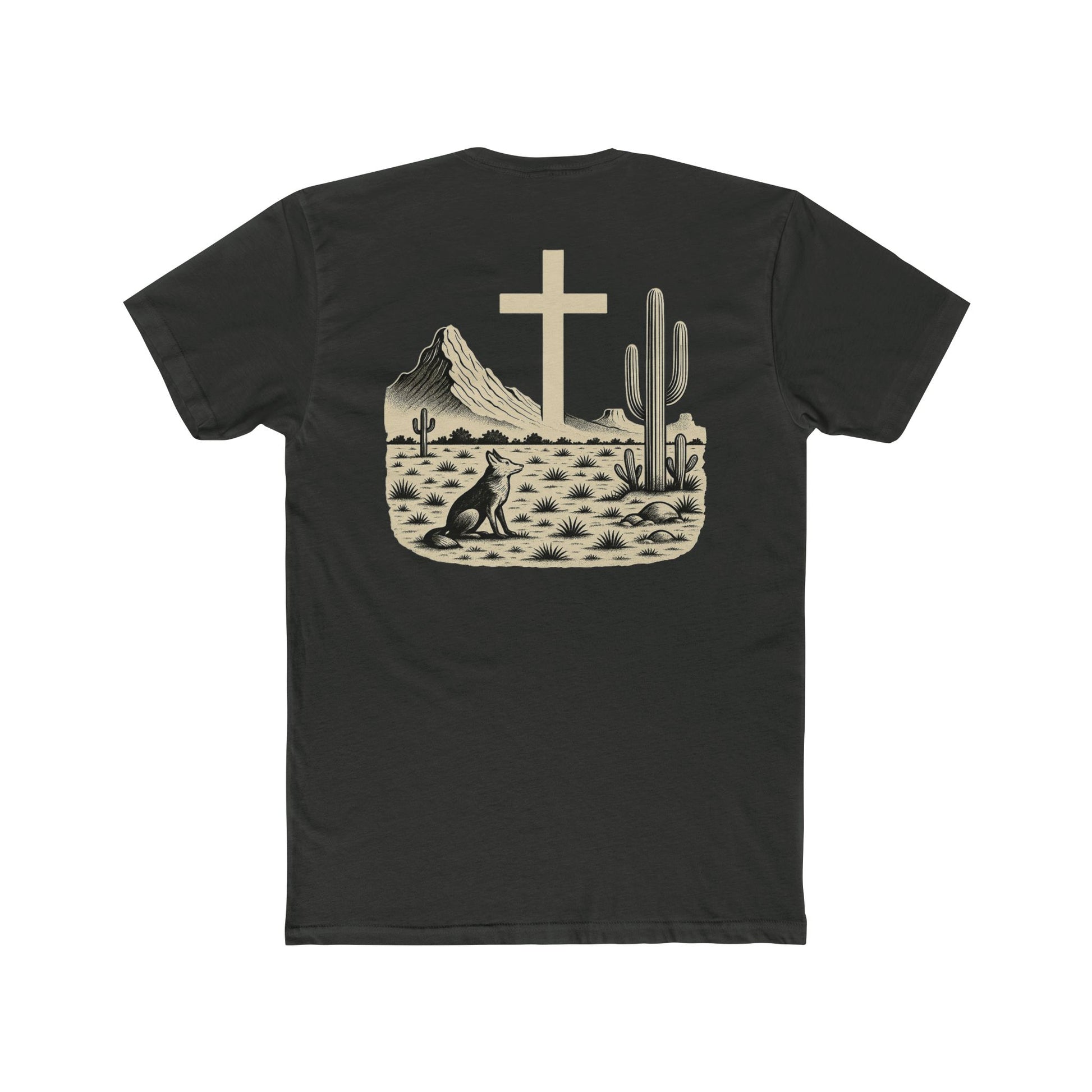 Vintage Black t-shirt with western landscape, cacti, wolf, mountains, and cross centerpiece #vintageblack
