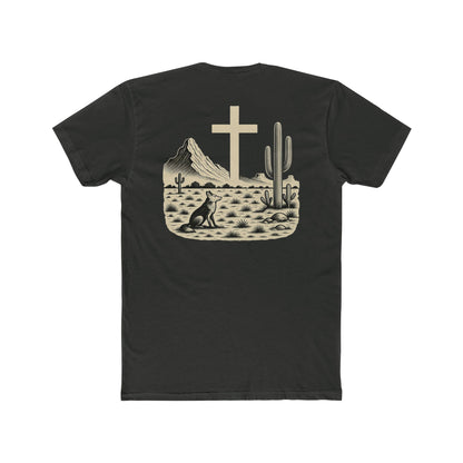 Vintage Black t-shirt with western landscape, cacti, wolf, mountains, and cross centerpiece #vintageblack