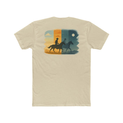 Cream t-shirt with graphic of cowboy riding through a desert landscape at different times of the day #cream