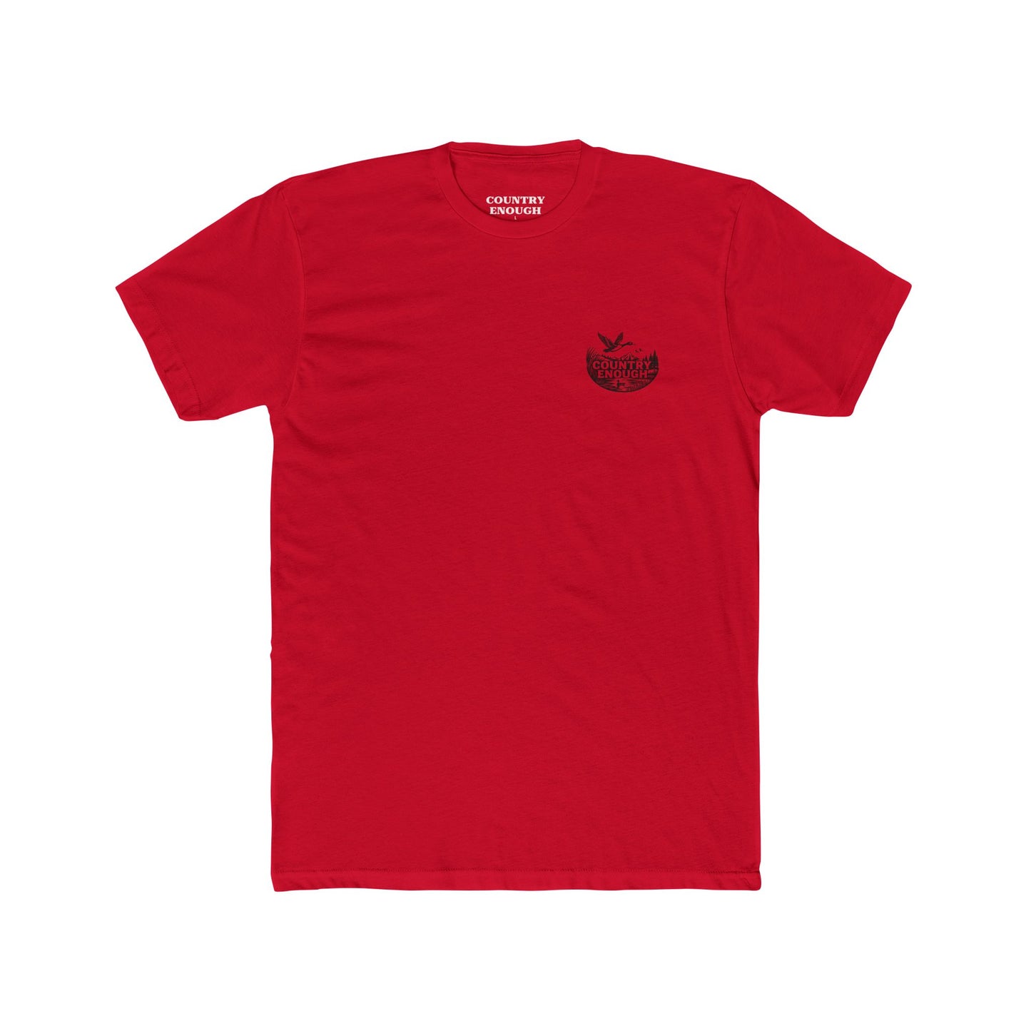 Red t-shirt with graphic of a duck, mountains, pine trees, and a lake #red