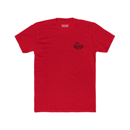 Red t-shirt with graphic of a duck, mountains, pine trees, and a lake #red