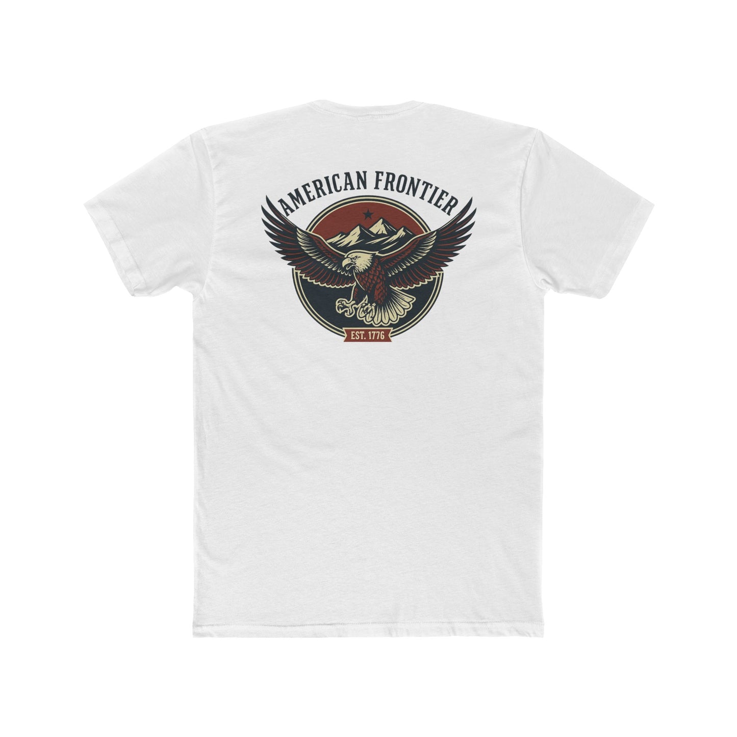 White t-shirt featuring graphic of an eagle, mountains, and the words American Frontier Est 1776 #white
