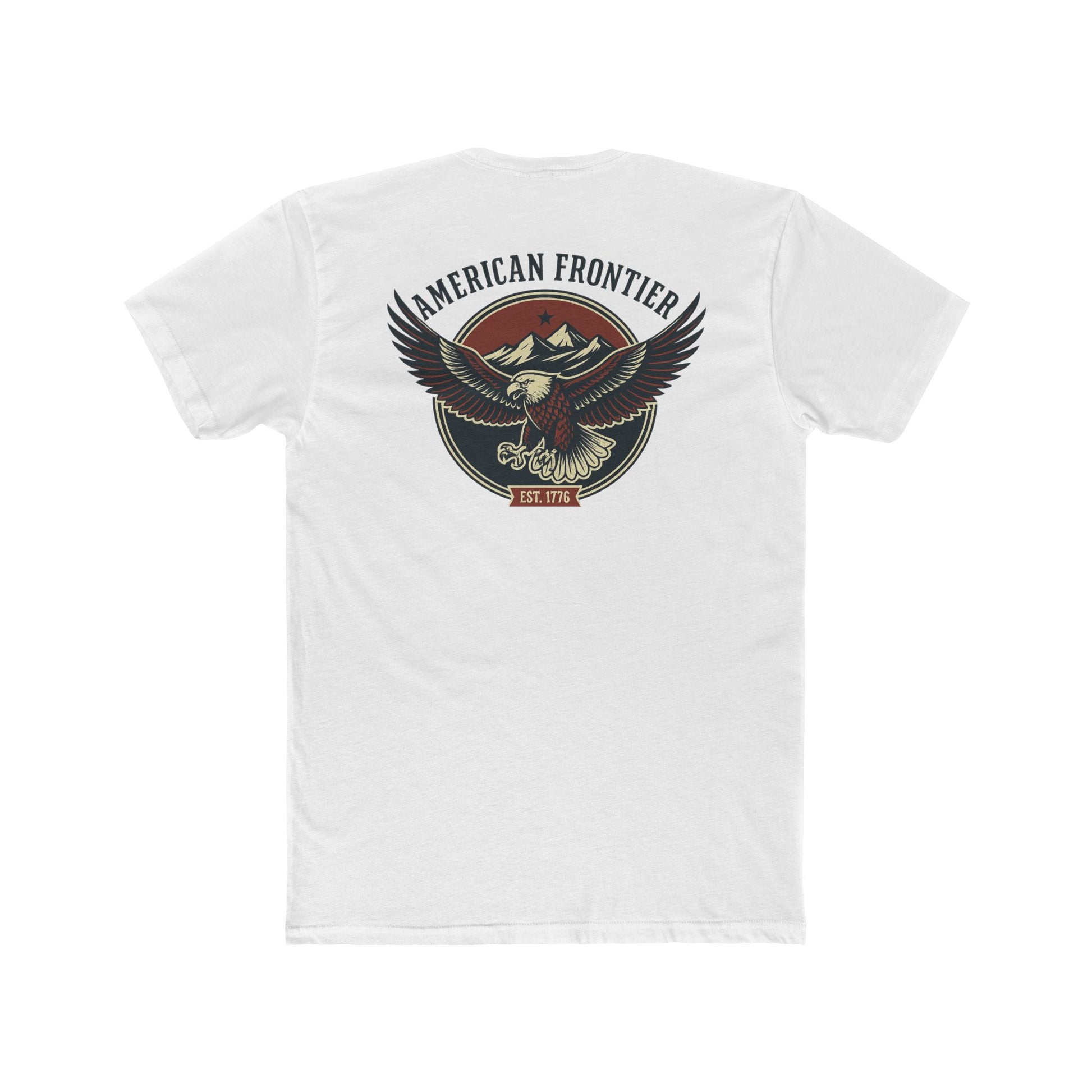 White t-shirt featuring graphic of an eagle, mountains, and the words American Frontier Est 1776 #white