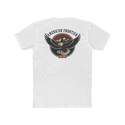 White t-shirt featuring graphic of an eagle, mountains, and the words American Frontier Est 1776 #white