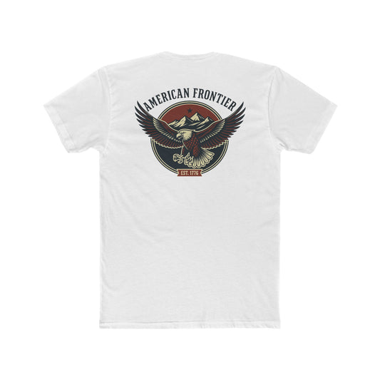 White t-shirt featuring graphic of an eagle, mountains, and the words American Frontier Est 1776 #white