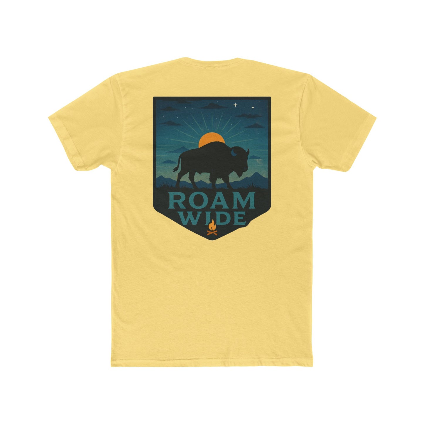 Yellow T-Shirt with graphic of bison, sun, mountains, and the words roam wide #yellow