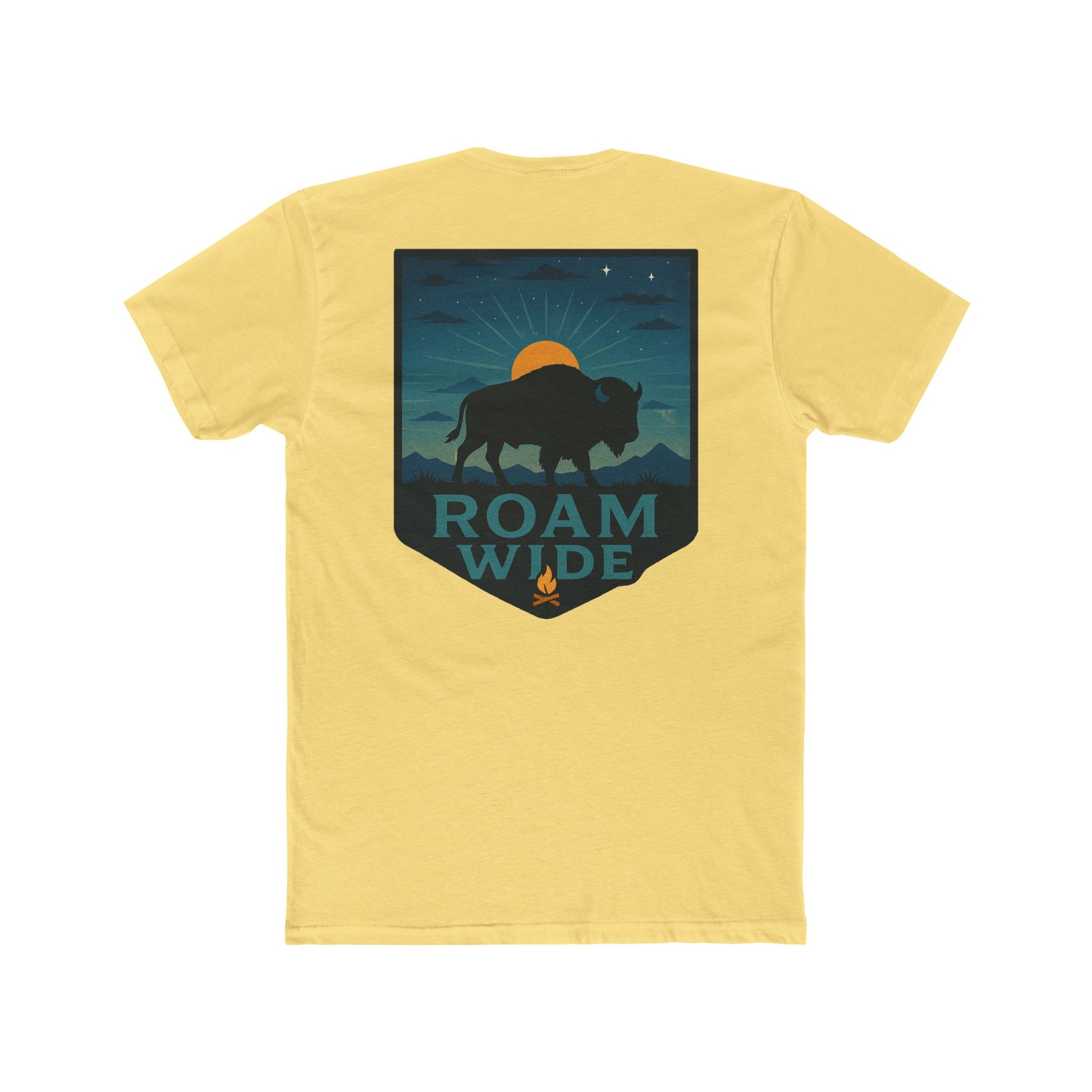 Yellow T-Shirt with graphic of bison, sun, mountains, and the words roam wide #yellow