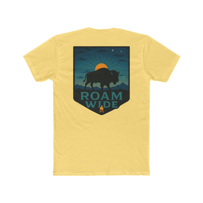 Yellow T-Shirt with graphic of bison, sun, mountains, and the words roam wide #yellow