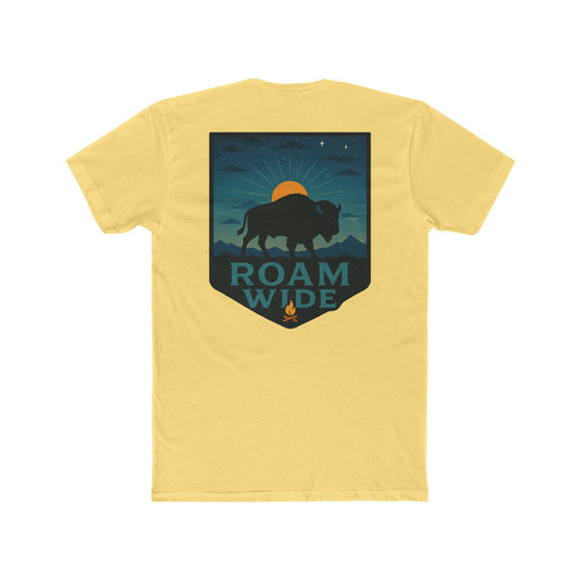 Yellow T-Shirt with graphic of bison, sun, mountains, and the words roam wide #yellow