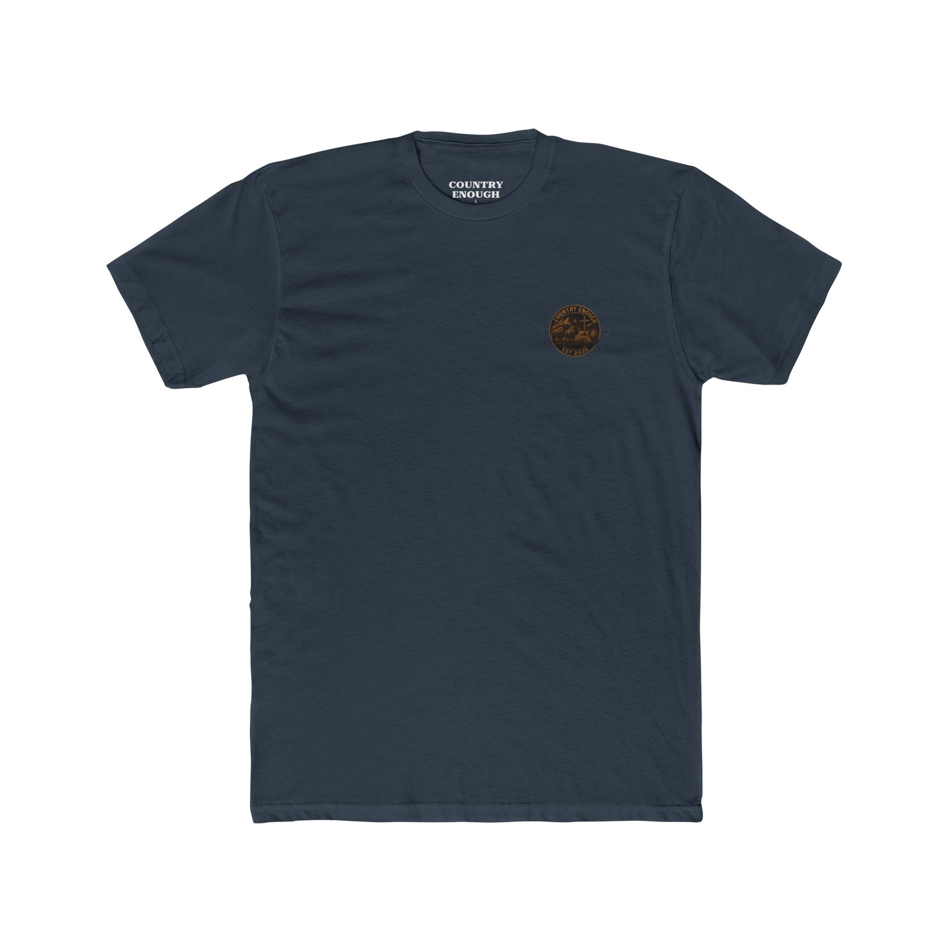 Indigo t-shirt with bison staring at a cross on the plains by the mountains #indigo