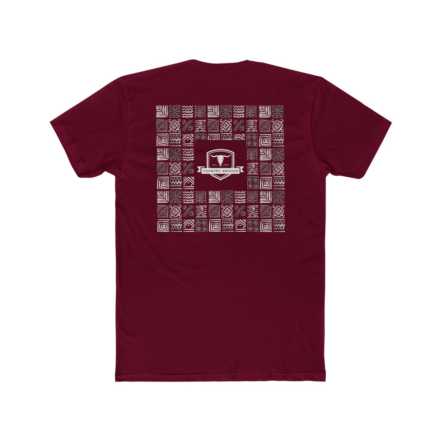 Cardinal Red t-shirt with graphic of aztec patterns arranged in a square with country enough logo in the center #cardinalred