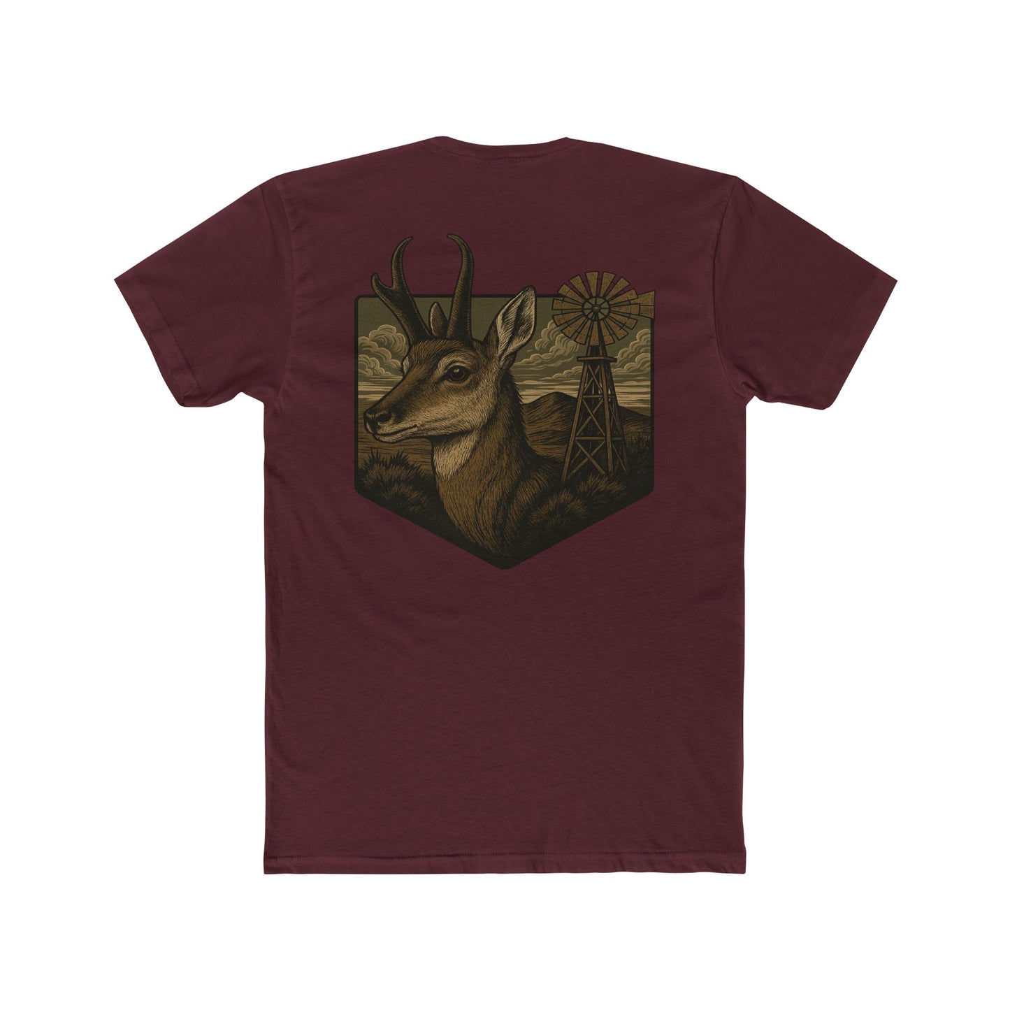 Maroon t-shirt with graphic of pronghorn and windmill over an open range #maroon