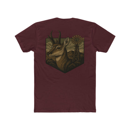 Maroon t-shirt with graphic of pronghorn and windmill over an open range #maroon