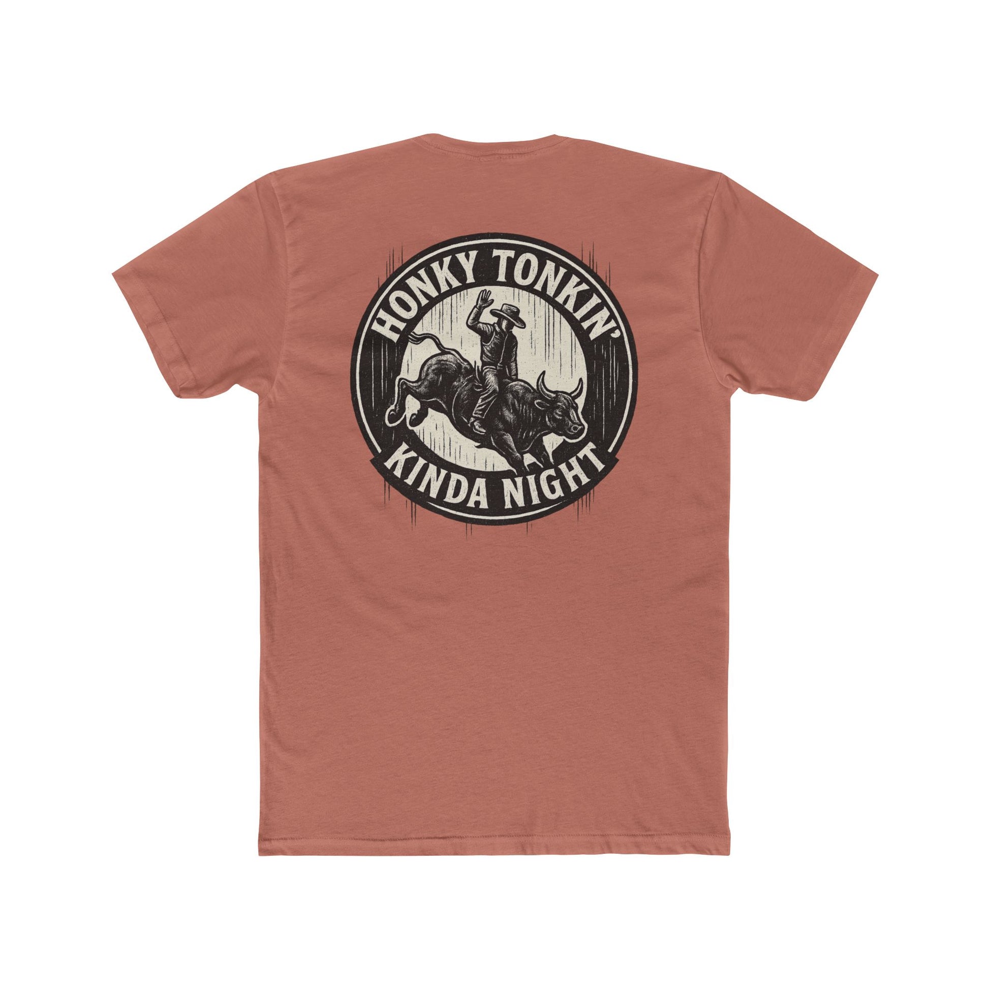 Desert Pink t-shirt with circular graphic of a bucking bull with rider and the phrase honky tonkin' kind night #desertpink