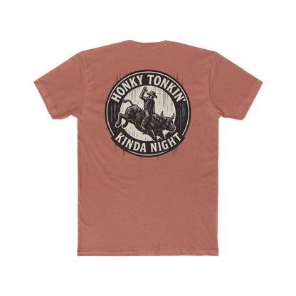Desert Pink t-shirt with circular graphic of a bucking bull with rider and the phrase honky tonkin' kind night #desertpink