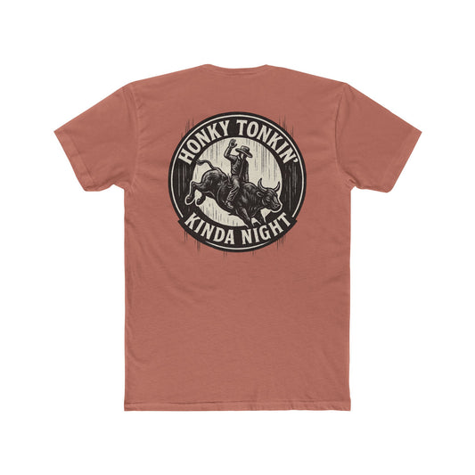 Desert Pink t-shirt with circular graphic of a bucking bull with rider and the phrase honky tonkin' kind night #desertpink