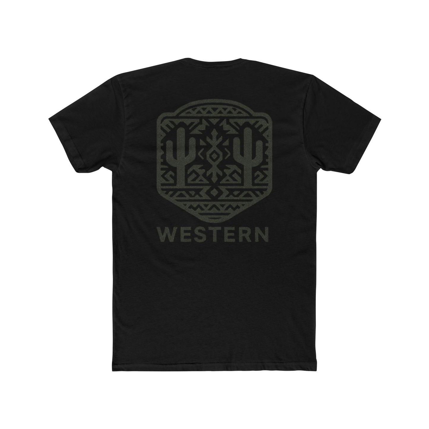 Black t-shirt with graphic of mirrored cacti surrounded by aztec pattern and enclosed in a geometric border with word western below #black