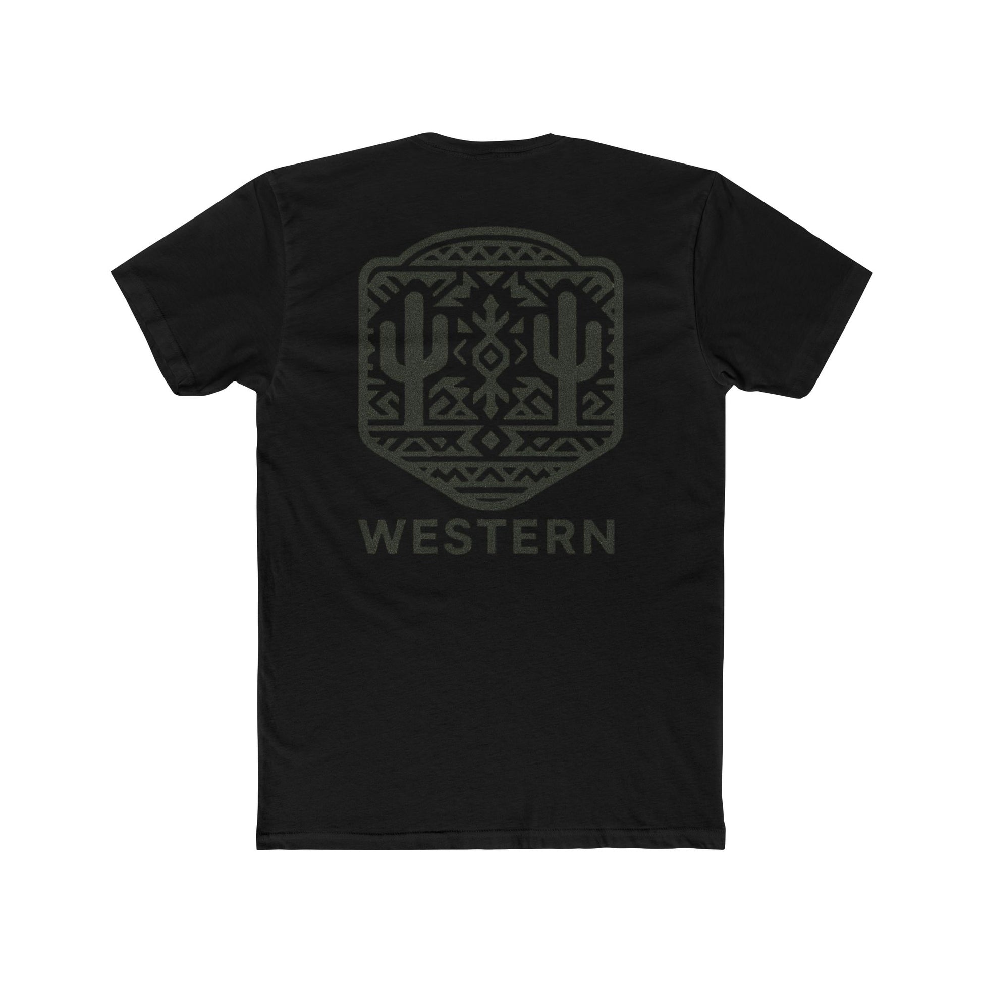 Black t-shirt with graphic of mirrored cacti surrounded by aztec pattern and enclosed in a geometric border with word western below #black