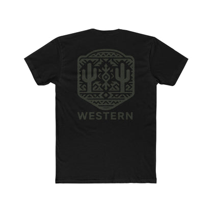 Black t-shirt with graphic of mirrored cacti surrounded by aztec pattern and enclosed in a geometric border with word western below #black