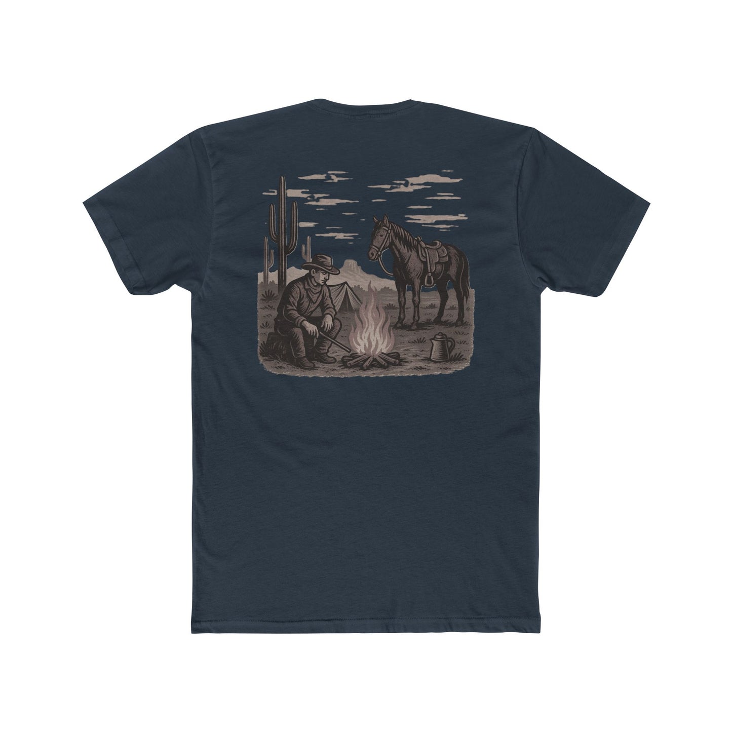 Indigo t-shirt with graphic of cowboy and horse sitting at a campfire in a desert landscape #indigo