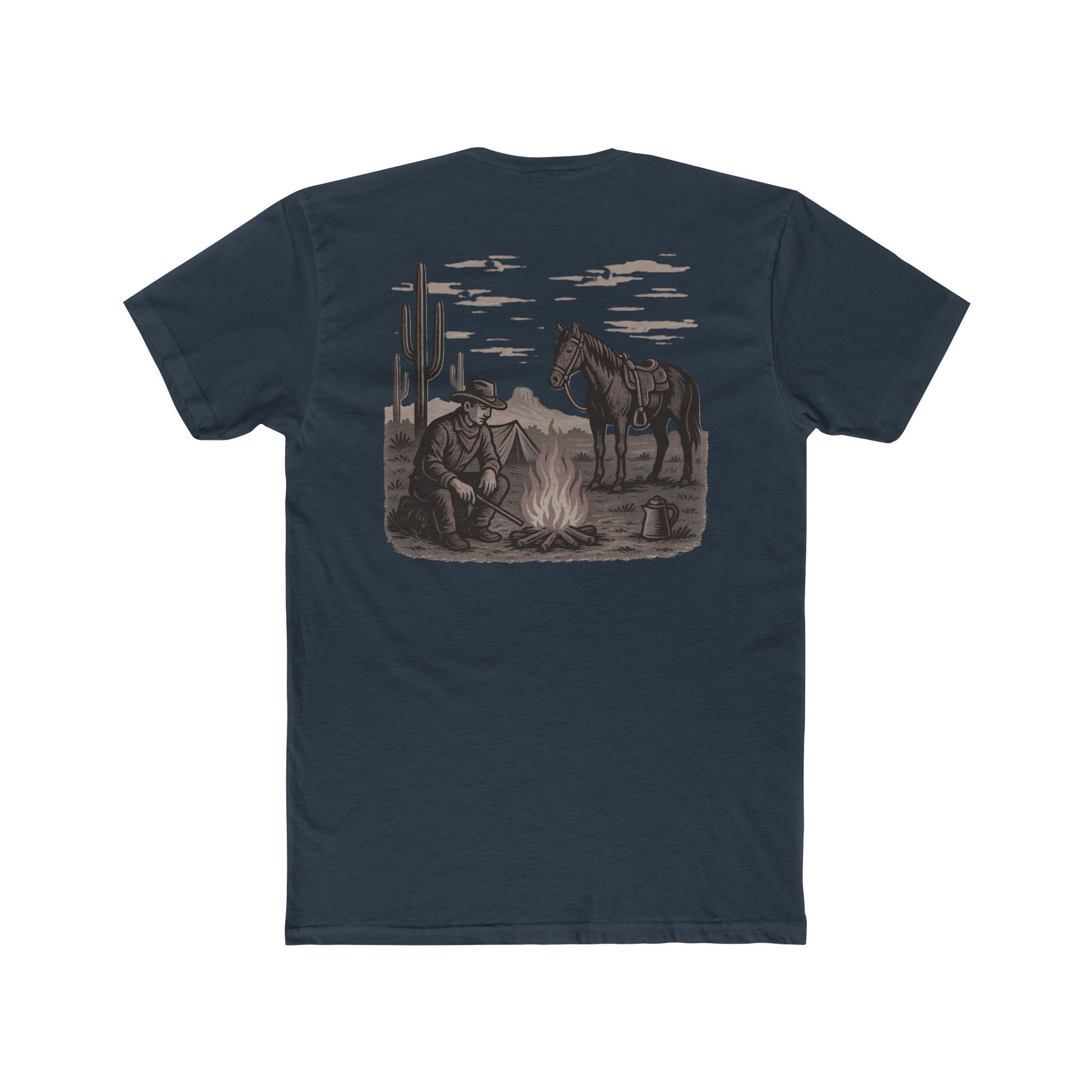 Indigo t-shirt with graphic of cowboy and horse sitting at a campfire in a desert landscape #indigo