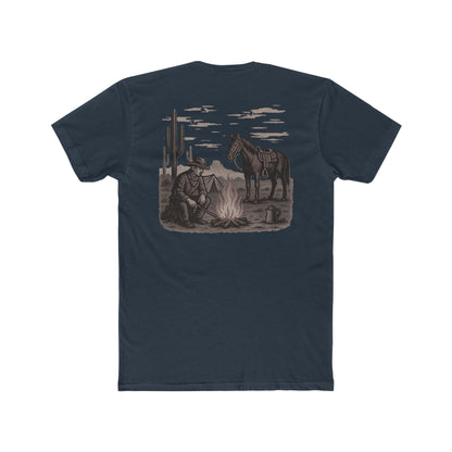 Indigo t-shirt with graphic of cowboy and horse sitting at a campfire in a desert landscape #indigo