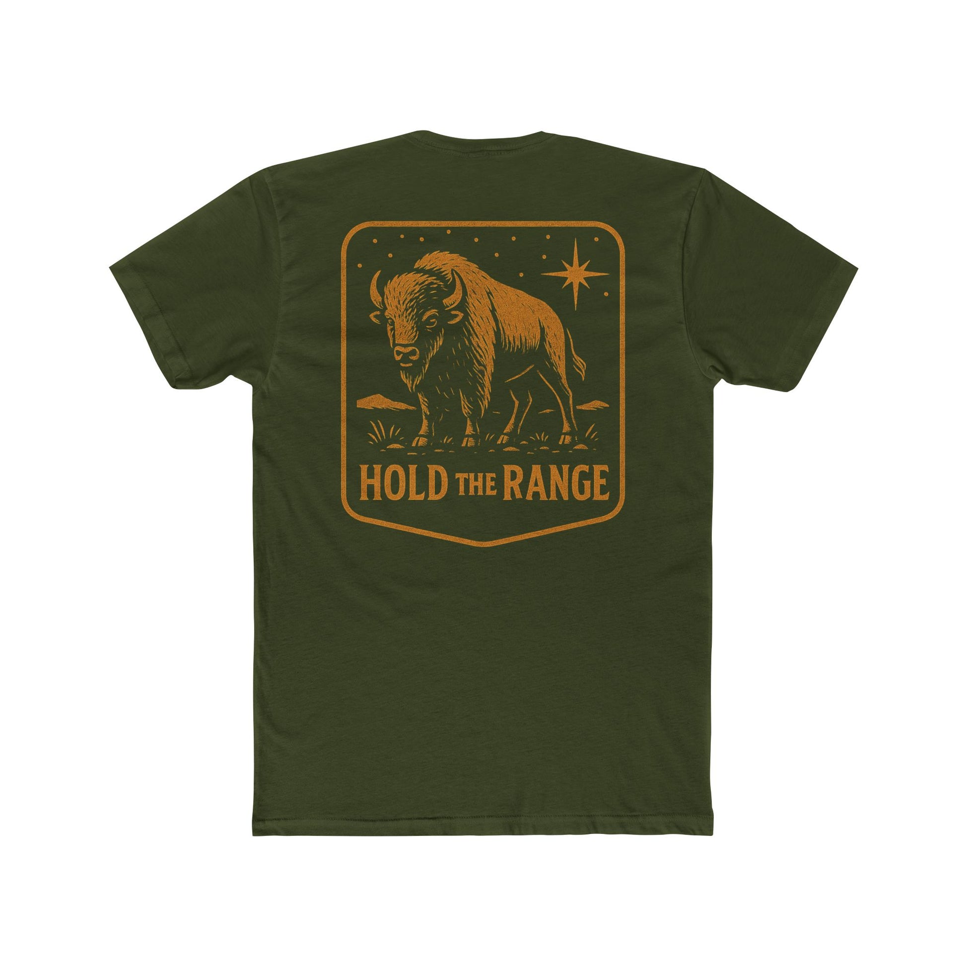Military Green T-Shirt with a bison, starry sky, and the words hold the range encompassed with a geometric border #militarygreen