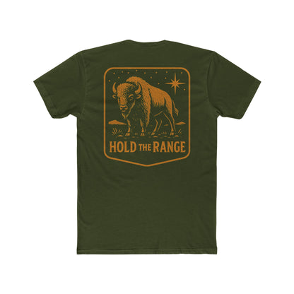 Military Green T-Shirt with a bison, starry sky, and the words hold the range encompassed with a geometric border #militarygreen