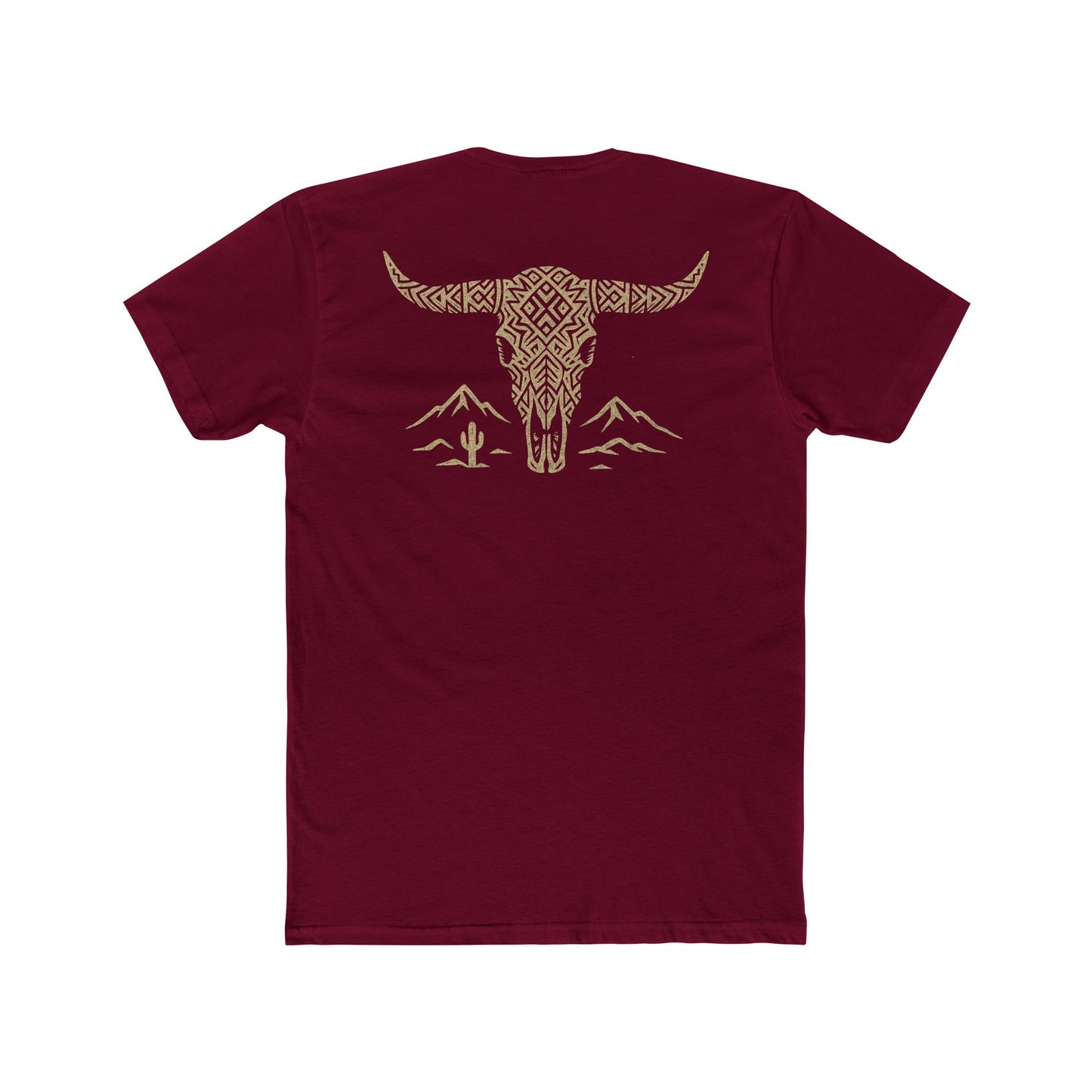 Cardinal Red t-shirt with graphic of a aztec pattern in the shape of a bull skull, mountains, and a lone cactus #cardinalred