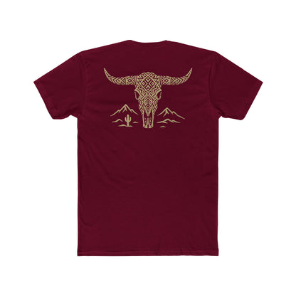 Cardinal Red t-shirt with graphic of a aztec pattern in the shape of a bull skull, mountains, and a lone cactus #cardinalred