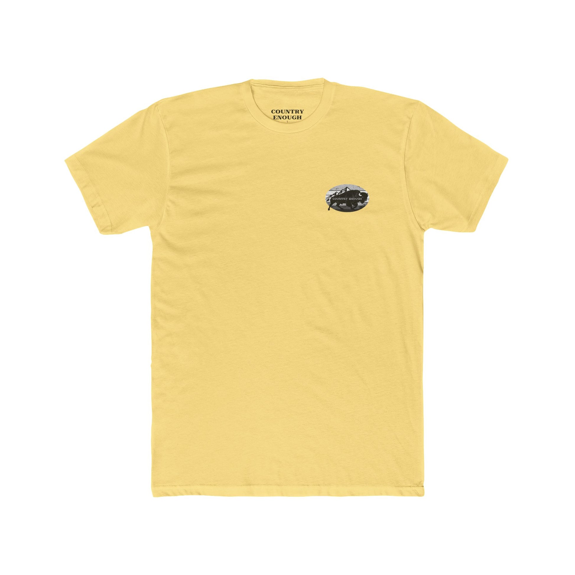 Yellow t-shirt with a black and gray graphic of a bison and mountains #yellow
