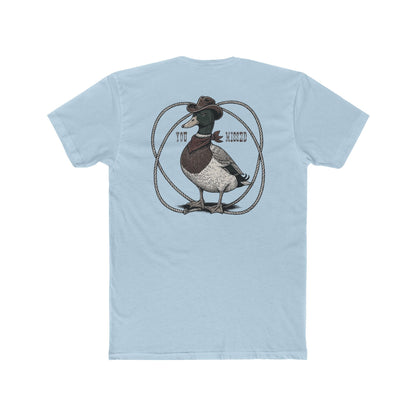 Light Blue t-shirt with a graphic of a duck wearing a cowboy hat and bandana with rope border and the words you missed #lightblue