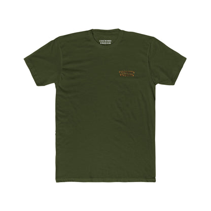 Military Green t-shirt with graphic of a cowboy twirling his lasso on a desert landscape at sundown #militarygreen