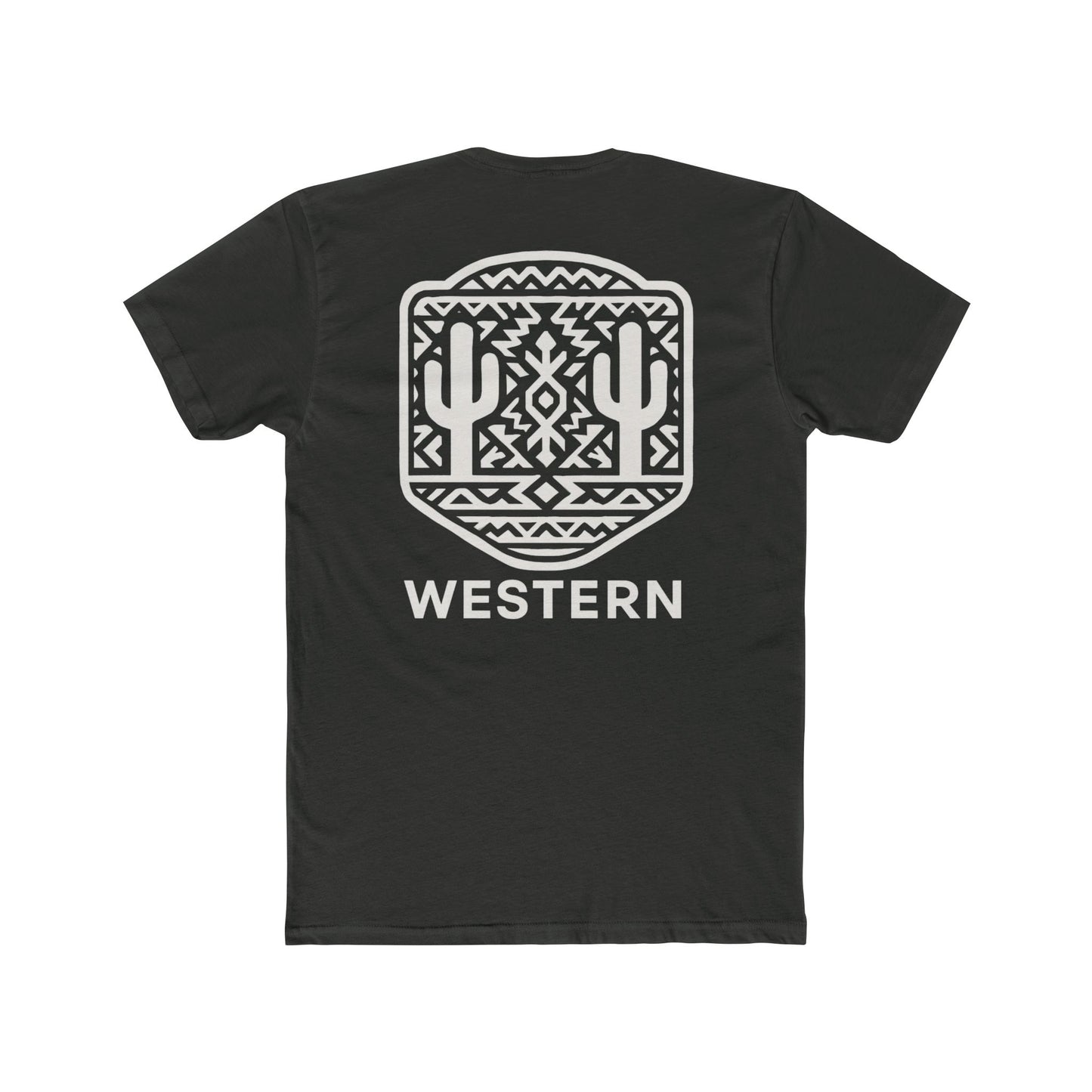 Vintage Black t-shirt with aztec pattern and cacti inside a geometric border with word western across the bottom #vintageblack