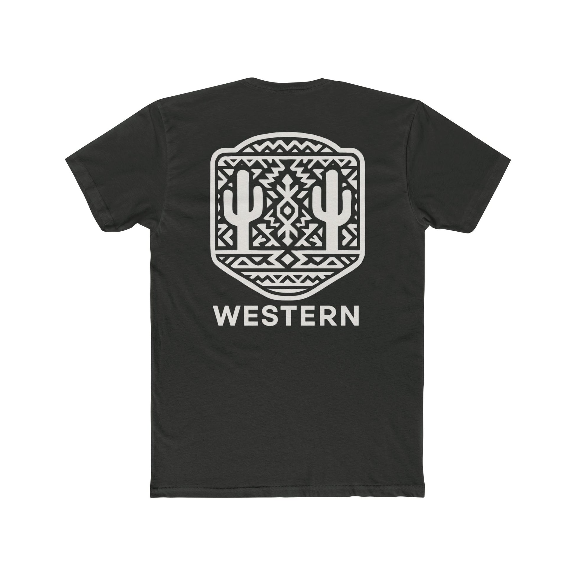 Vintage Black t-shirt with aztec pattern and cacti inside a geometric border with word western across the bottom #vintageblack