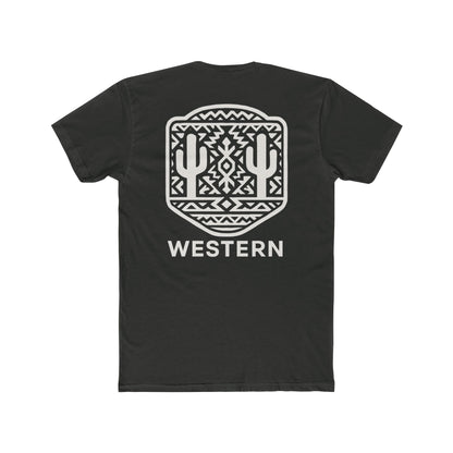 Vintage Black t-shirt with aztec pattern and cacti inside a geometric border with word western across the bottom #vintageblack
