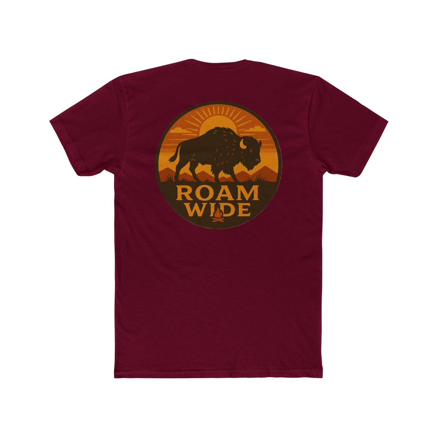 Cardinal Red t-shirt with circular graphic with a bison, mountains, campfire, sun shining, and the words roam wide #cardinalred