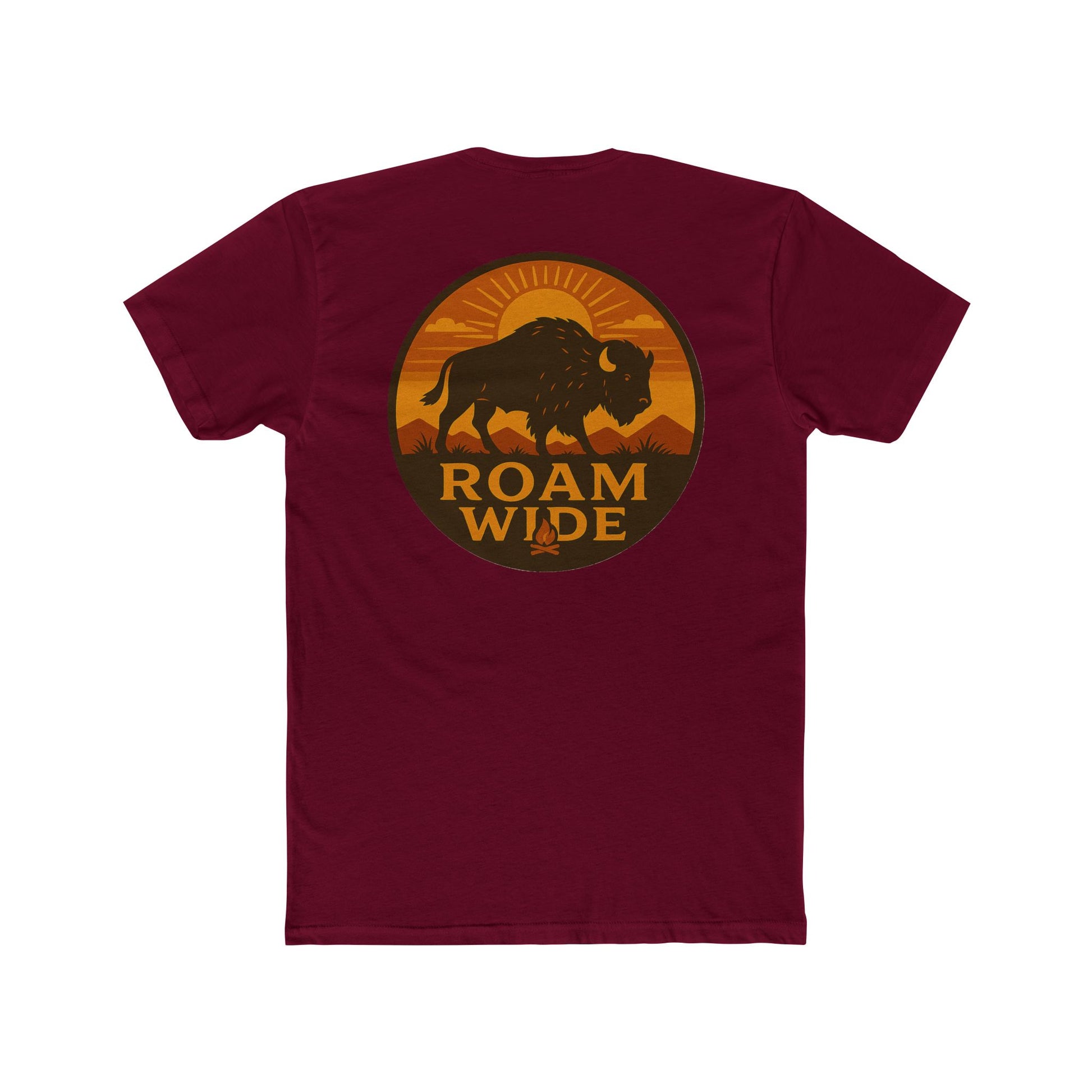 Cardinal Red t-shirt with circular graphic with a bison, mountains, campfire, sun shining, and the words roam wide #cardinalred
