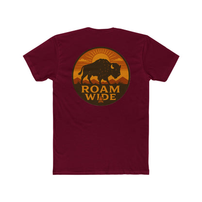Cardinal Red t-shirt with circular graphic with a bison, mountains, campfire, sun shining, and the words roam wide #cardinalred